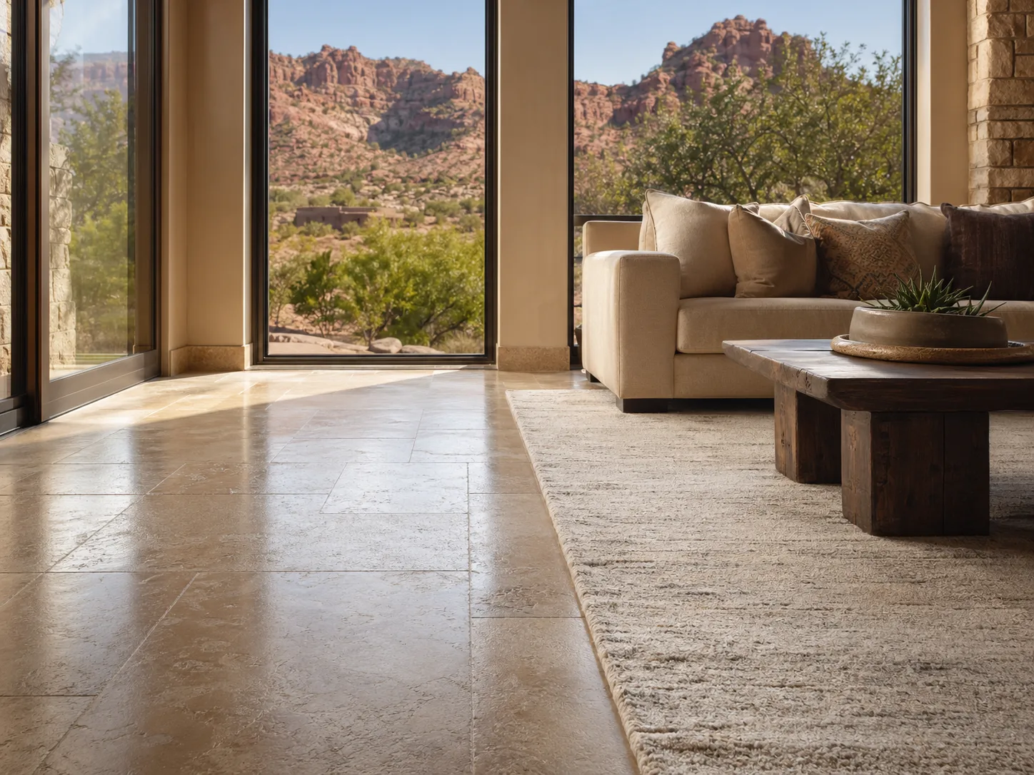 Polished stone floor and clean rug in an Ivins Utah desert home