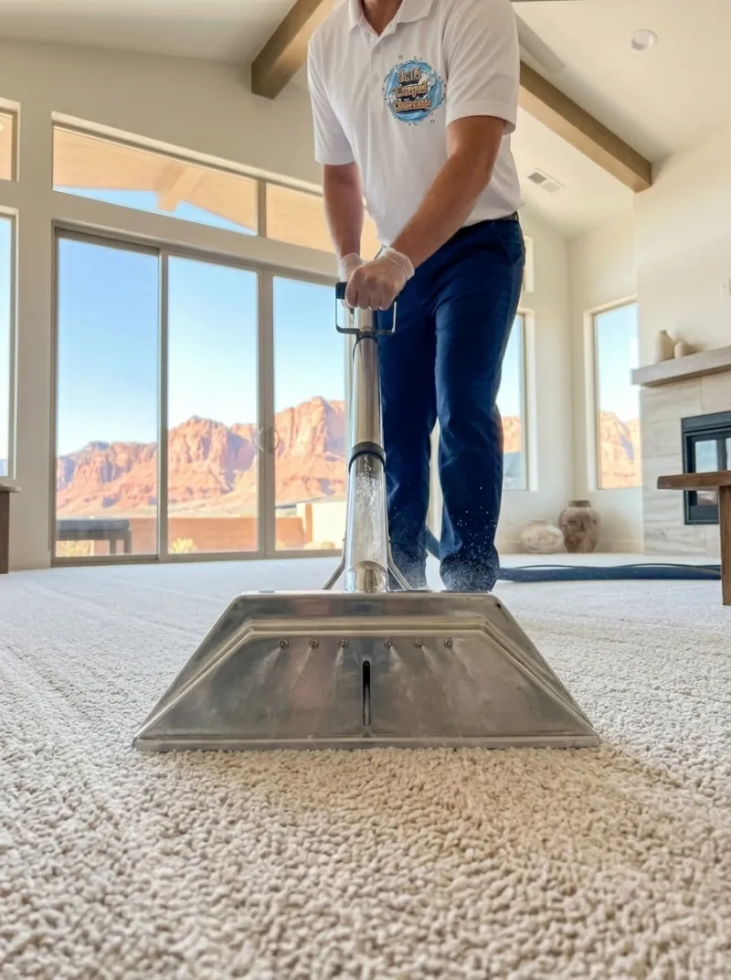 316 Carpet Cleaning technician using commercial-grade equipment in a St. George home with red rock views