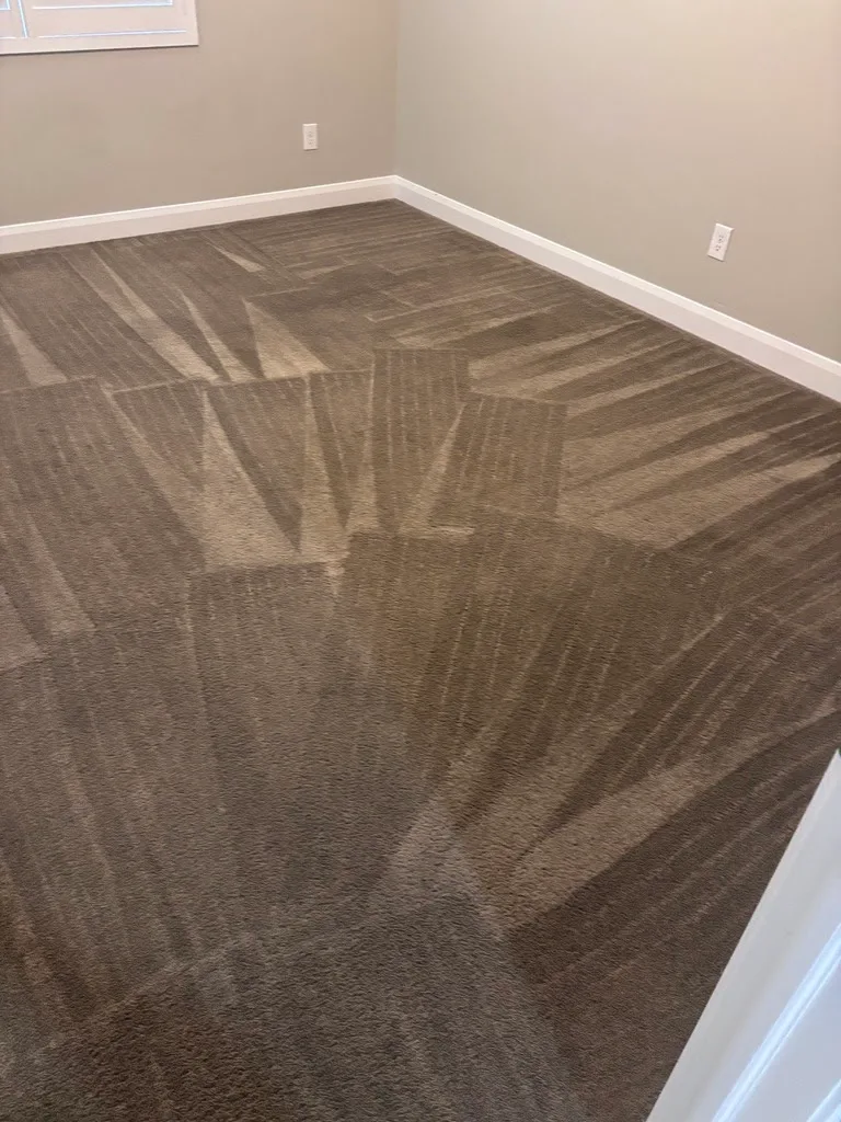Brown bedroom carpet with fan-shaped wand strokes after cleaning