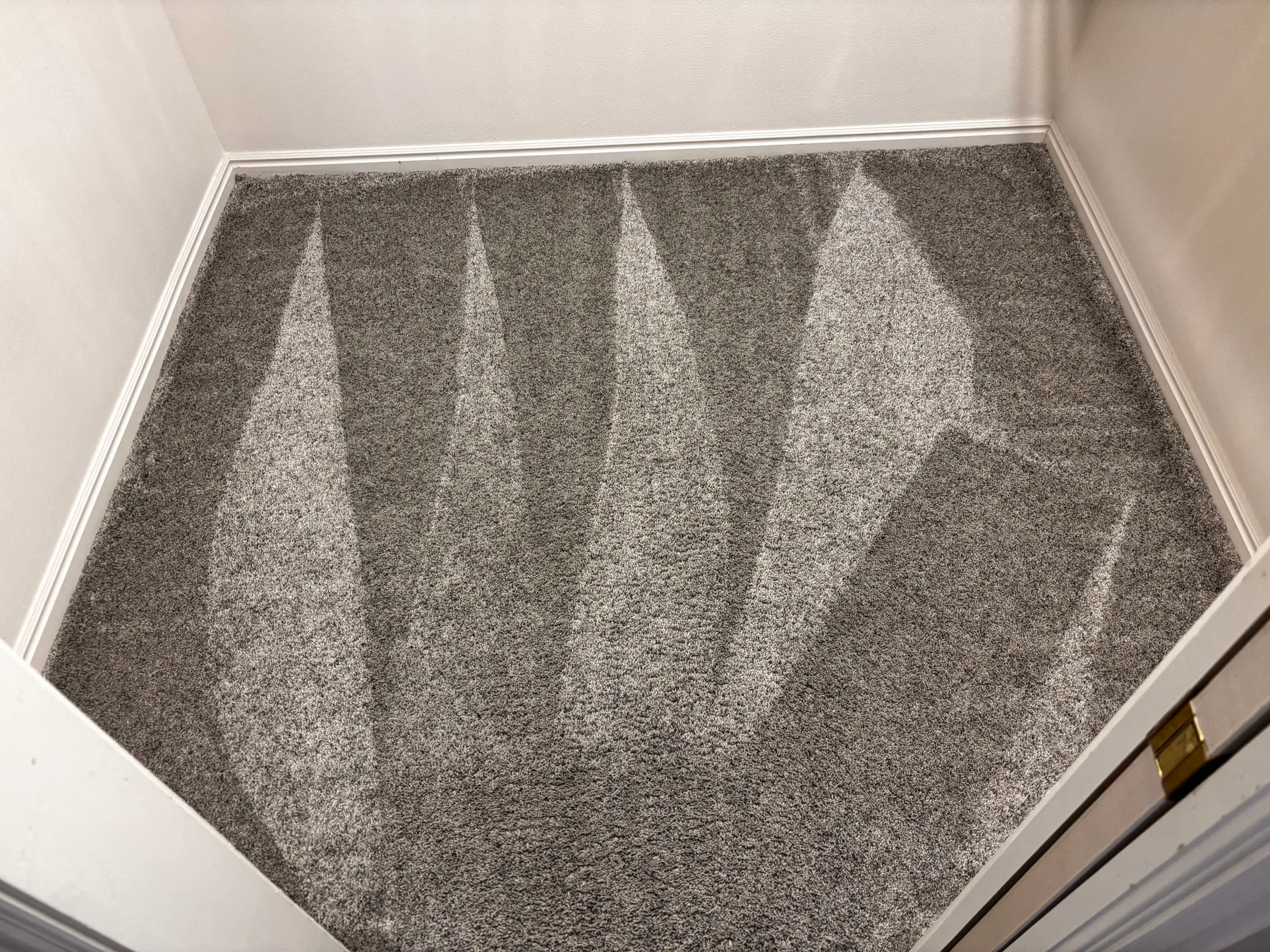 Small room of gray carpet with fresh wand strokes fanning from the corner