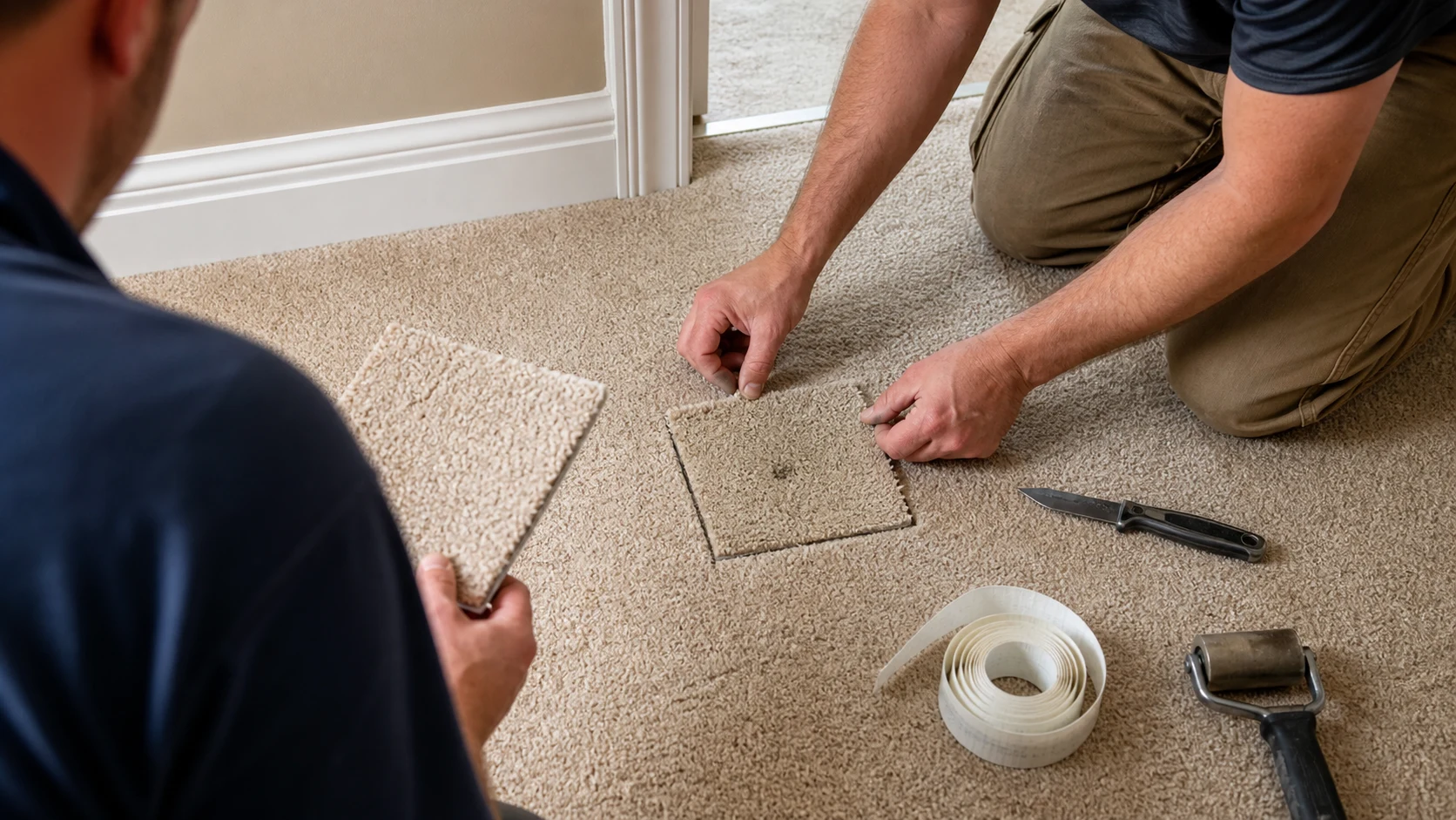 Technician cutting out a small carpet burn and preparing a donor patch in St. George, Utah