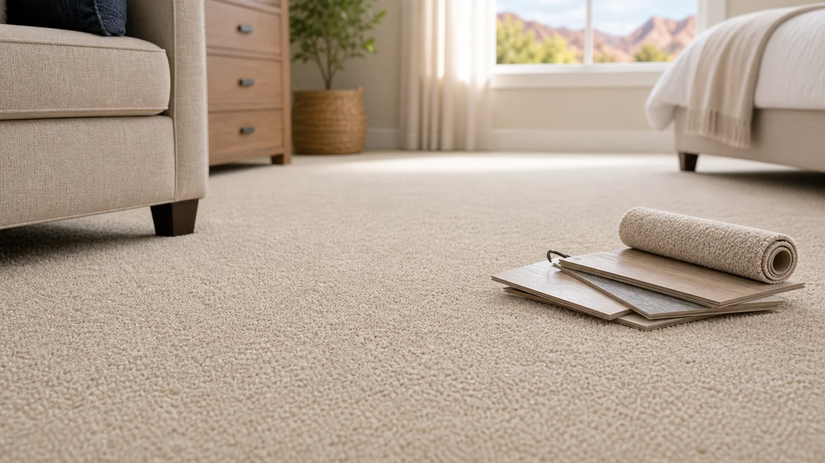 Well-maintained carpet with flooring samples showing why routine cleaning protects the floor