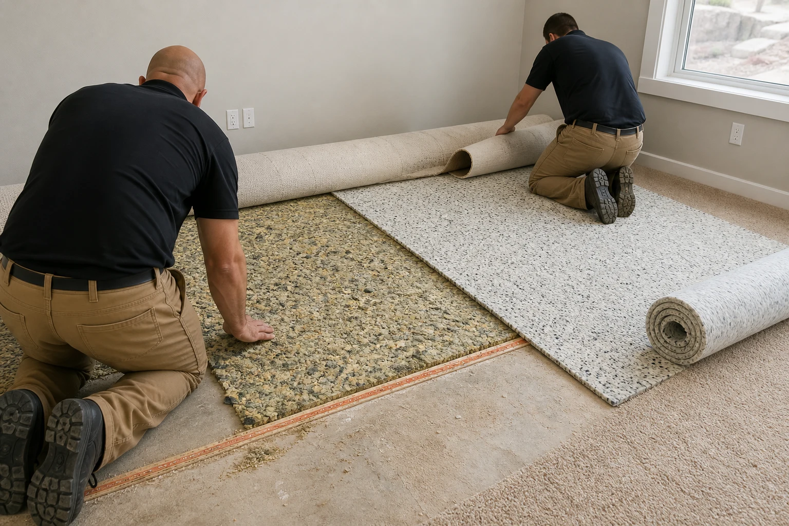 Technicians replacing crushed carpet padding beneath folded-back carpet in St. George, Utah