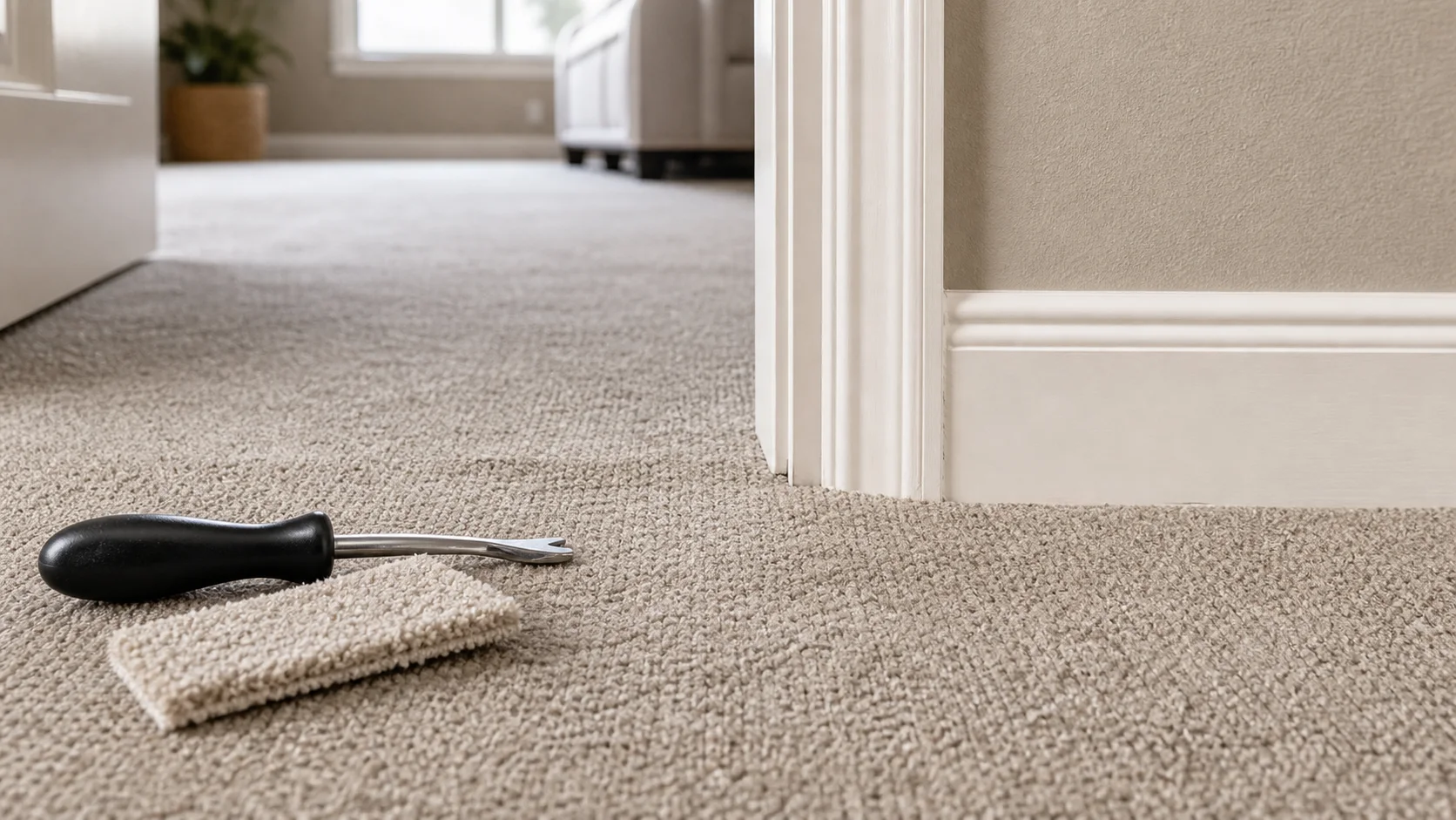 Carpet patch and repair tool near a doorway before a St. George, Utah home listing