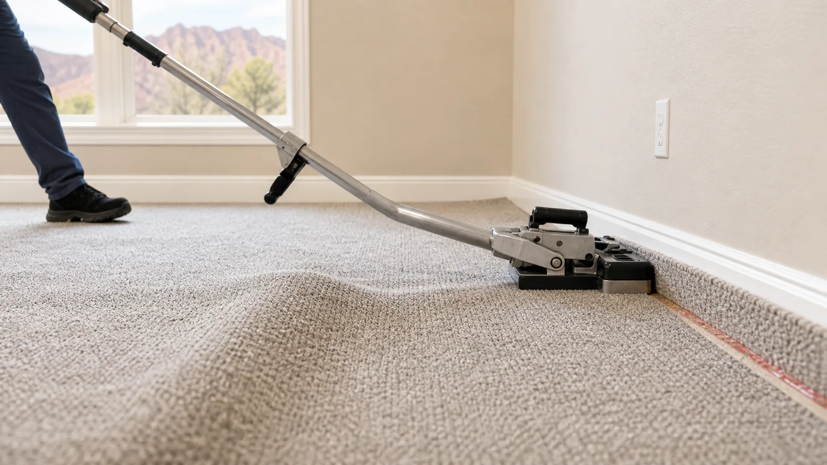 Power stretcher pulling rippled carpet tight during carpet repair in St. George, Utah