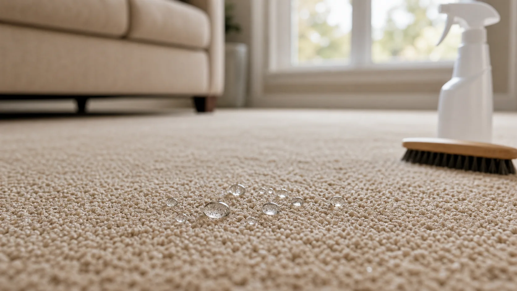Water droplets beading on protected beige carpet after carpet protection treatment in St. George, Utah