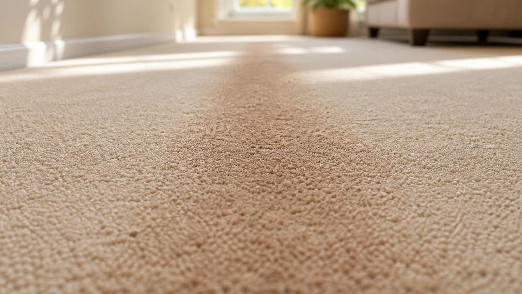 Red dirt traffic lane in carpet before cleaning