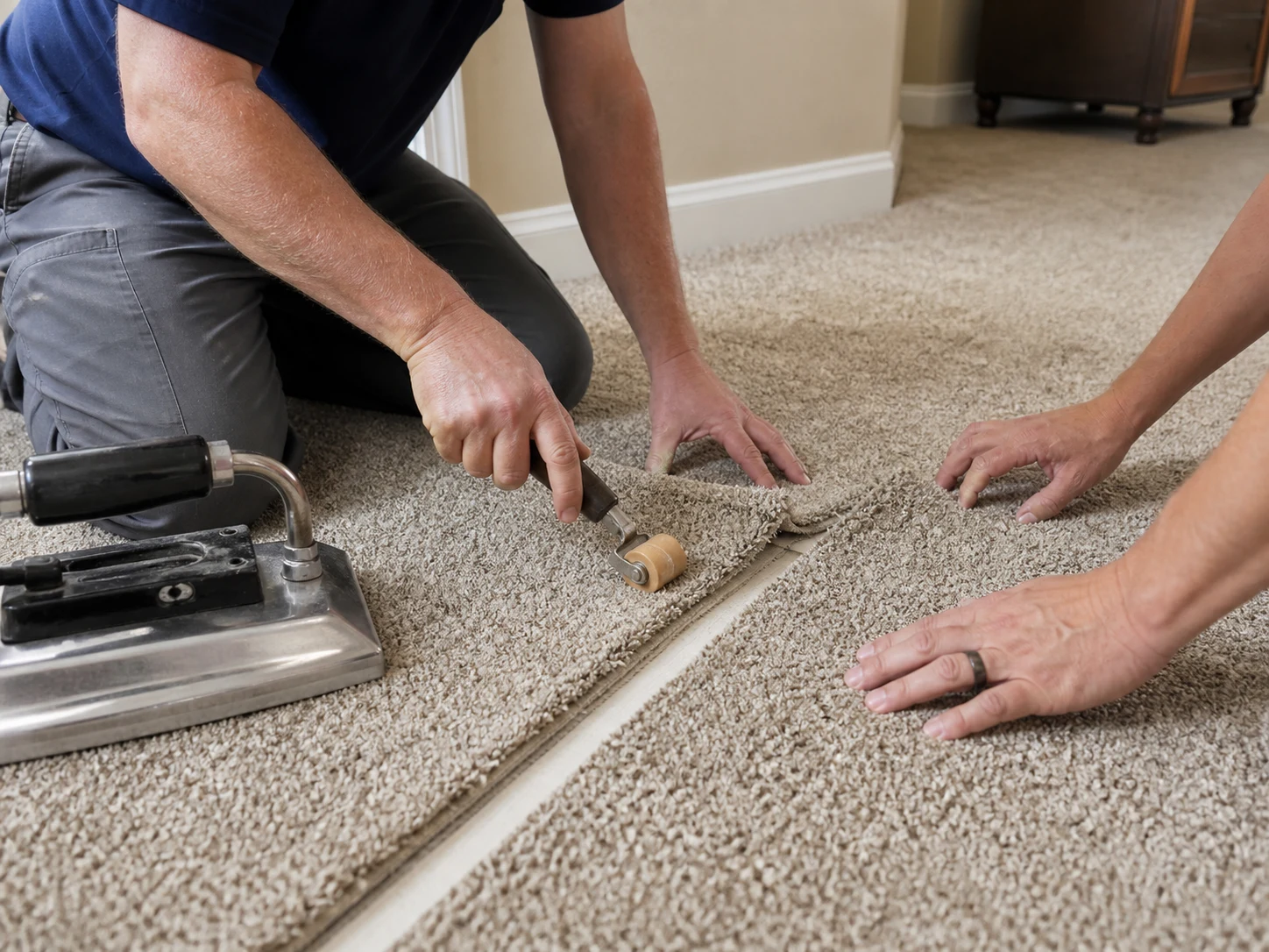 Technicians aligning and heat-seaming a separating carpet seam in St. George, Utah