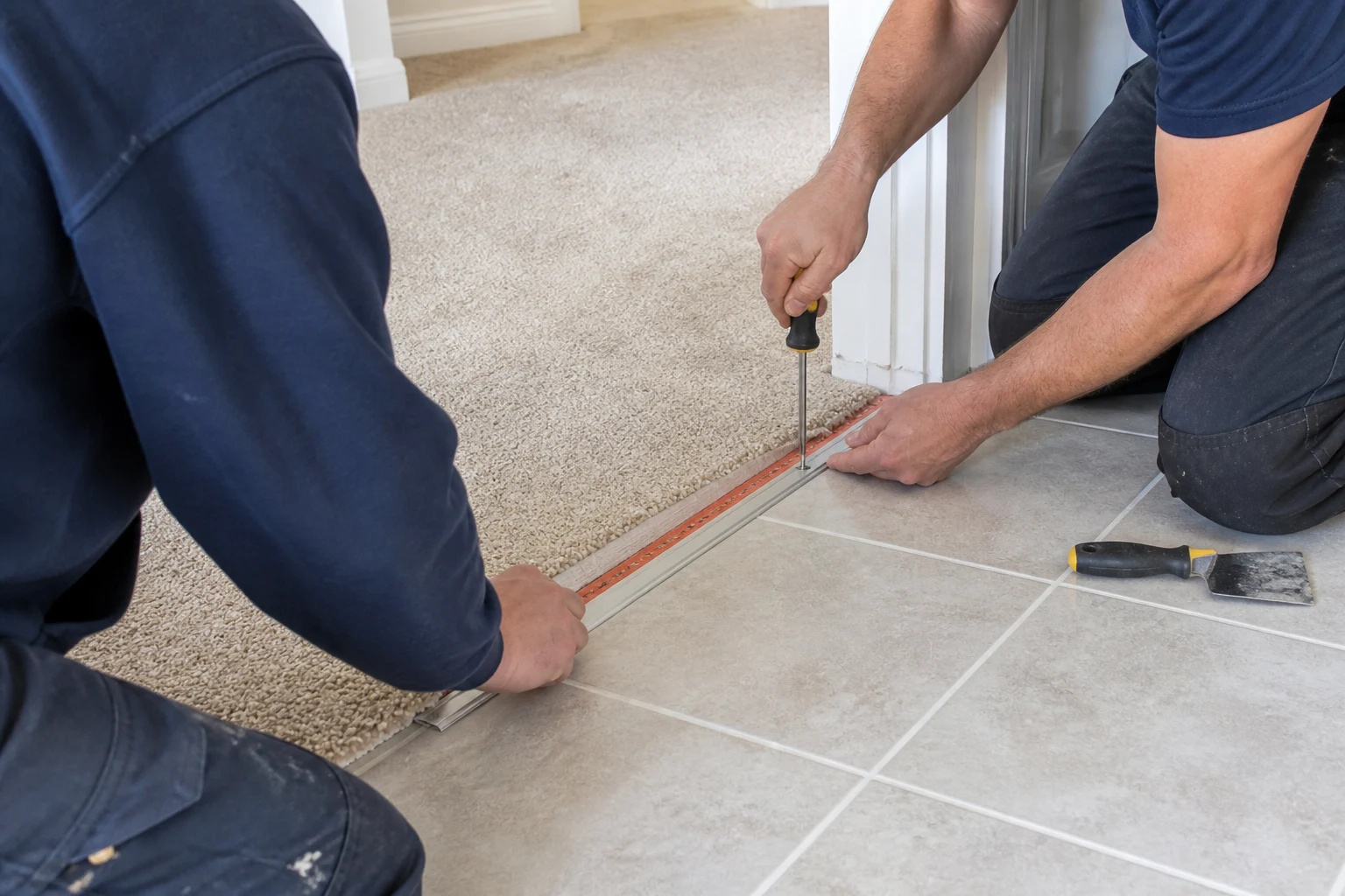 Technicians securing a carpet-to-tile transition strip at a St. George, Utah doorway