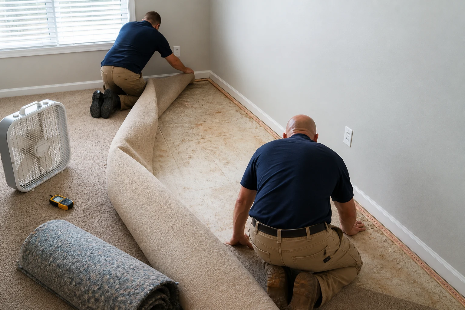 Technicians inspecting dry carpet pulled back after water damage in St. George, Utah