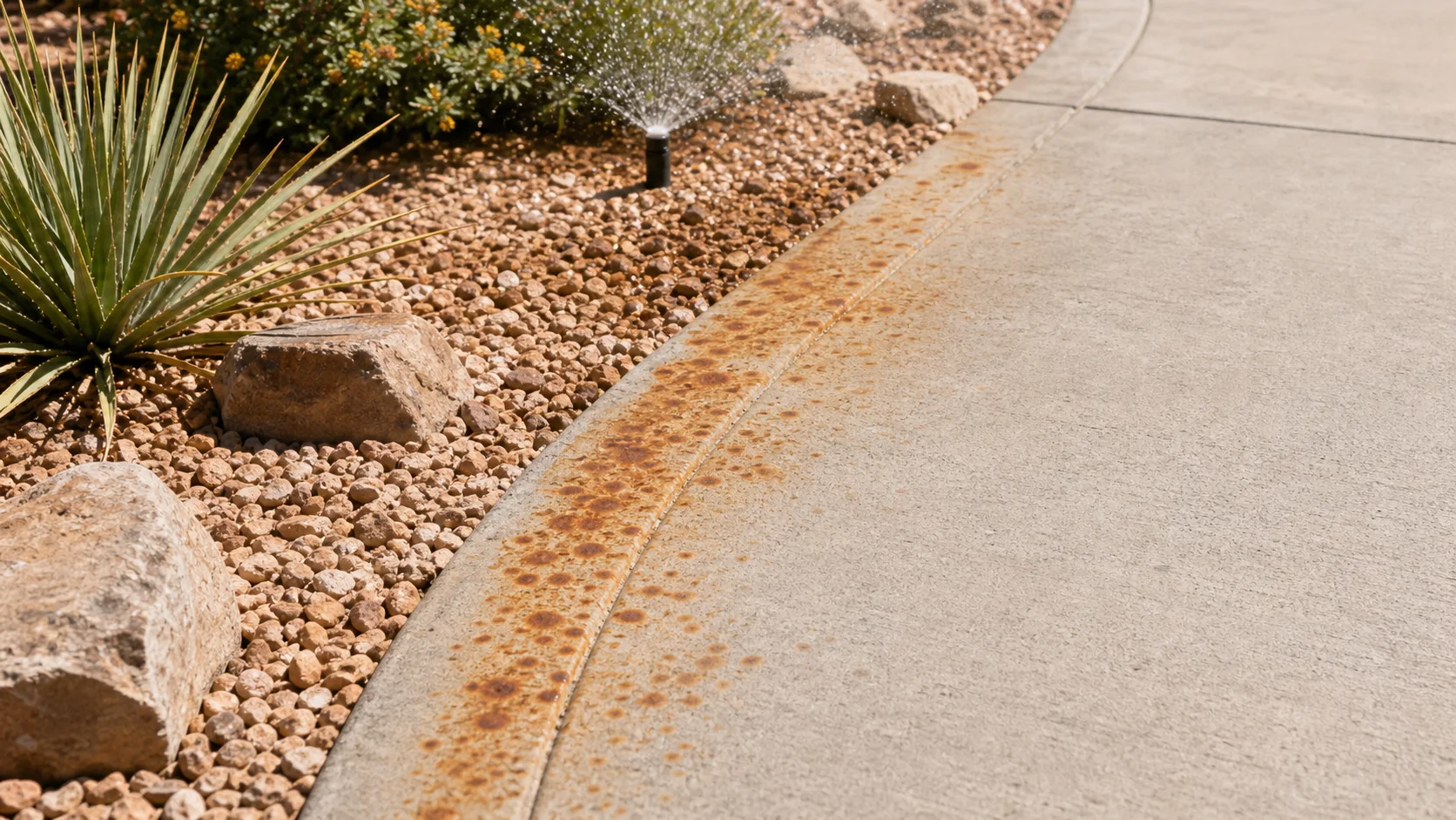 Orange sprinkler rust spots on a concrete driveway near St. George, Utah desert landscaping