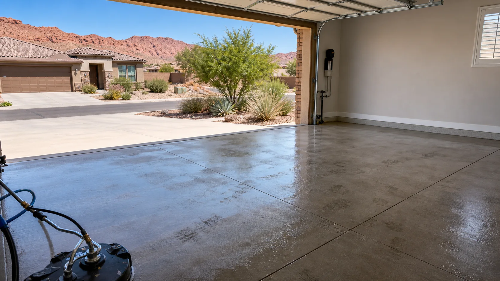Clean damp garage concrete slab prepared for epoxy coating in a St. George home