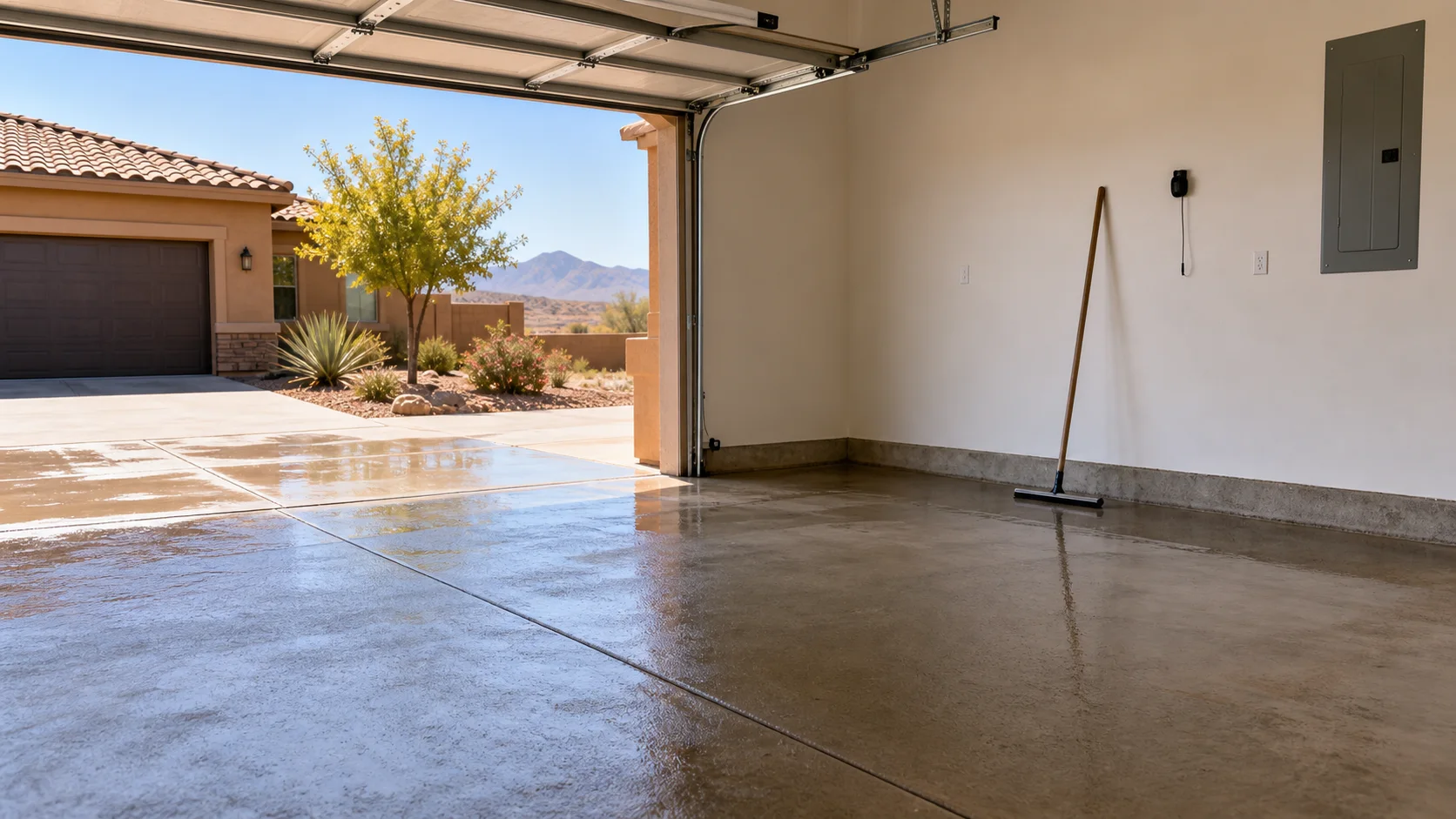Open garage drying after garage floor pressure washing in St. George, Utah