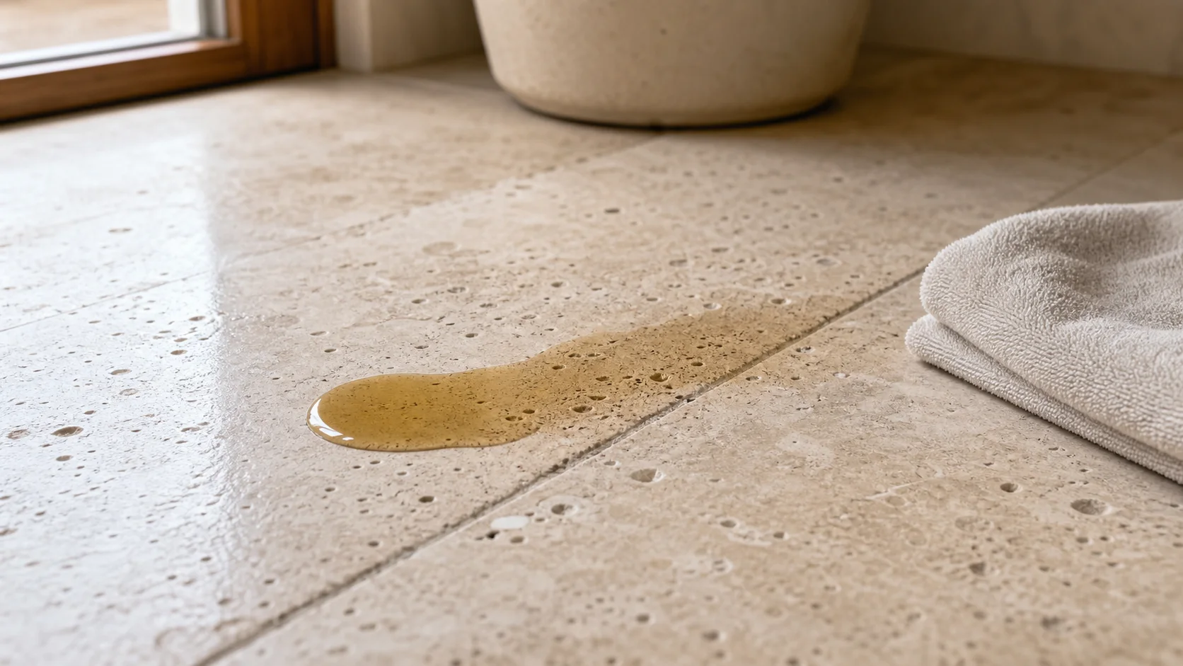 Porous limestone tile showing why St. George, Utah stone floors need penetrating sealer