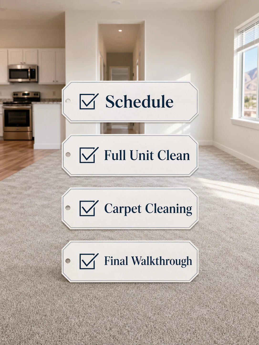 Move-out cleaning process: schedule, full unit clean, carpet cleaning, final walkthrough