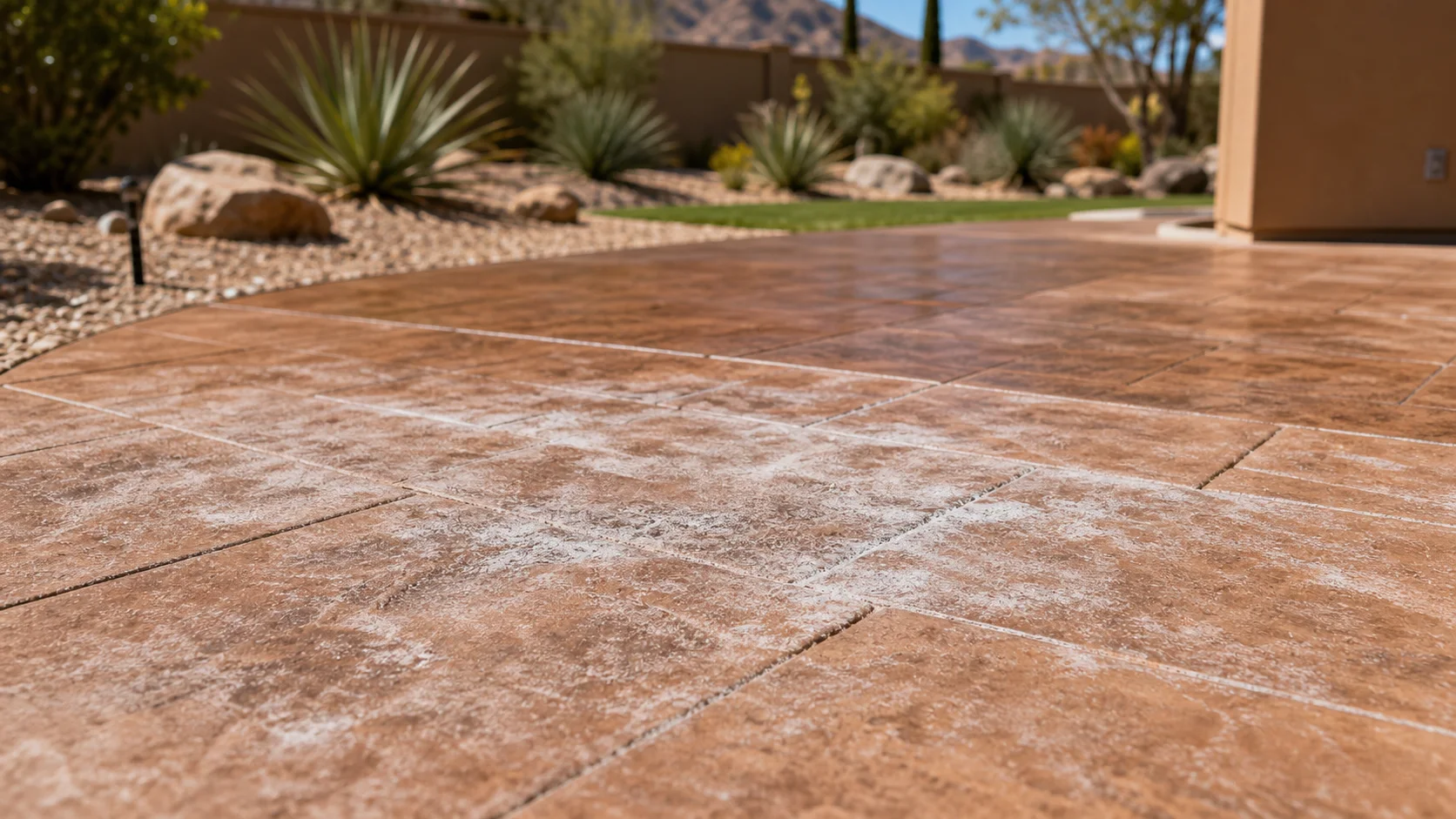 Stamped concrete patio with chalky white efflorescence haze in a St. George backyard