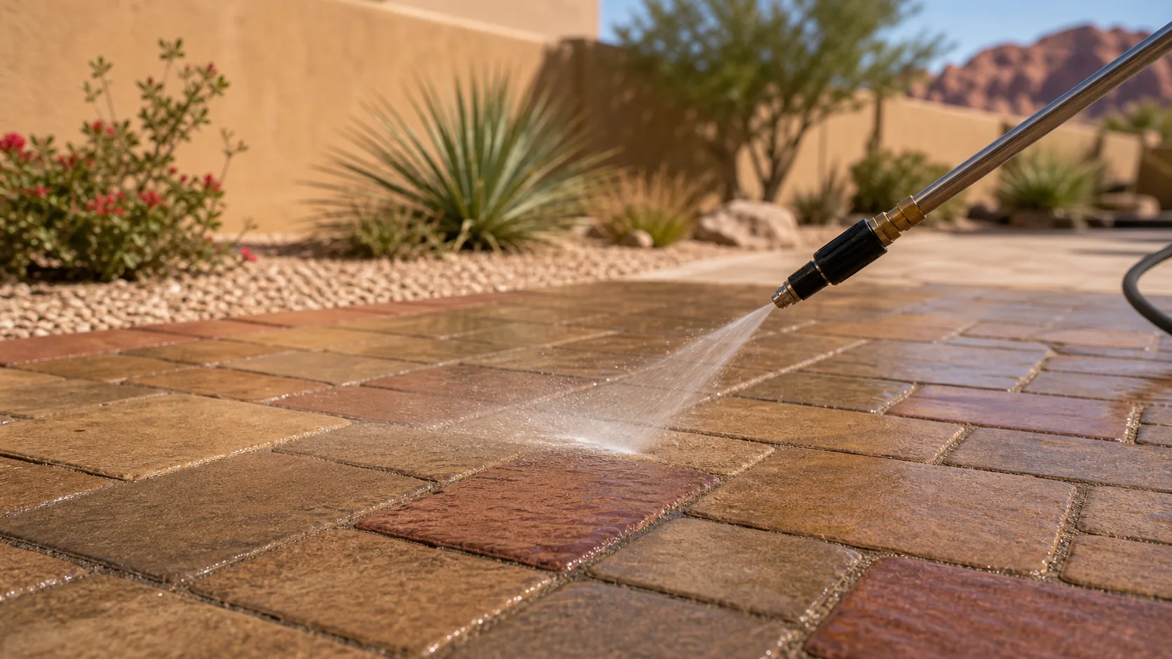 Paver patio joints being washed carefully during patio pressure washing in St. George, Utah