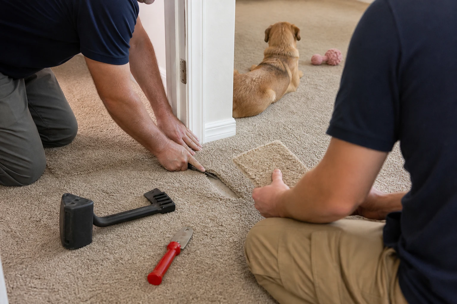 Technicians preparing a donor patch for a dog-chewed carpet corner in St. George, Utah