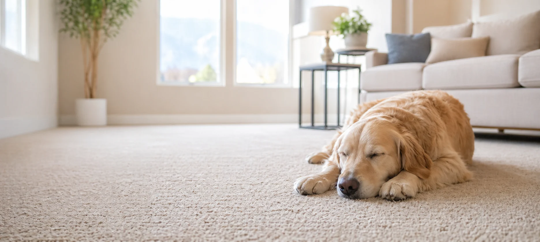 Golden retriever sleeping on clean carpet in a bright living room