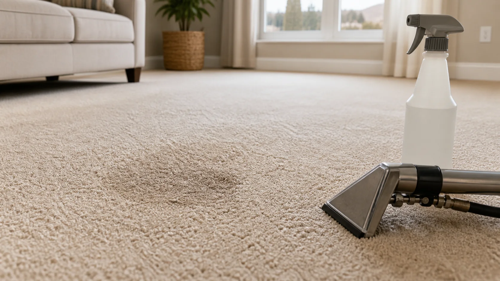 Pet odor treatment bottle and extraction wand beside a beige carpet spot in St. George, Utah