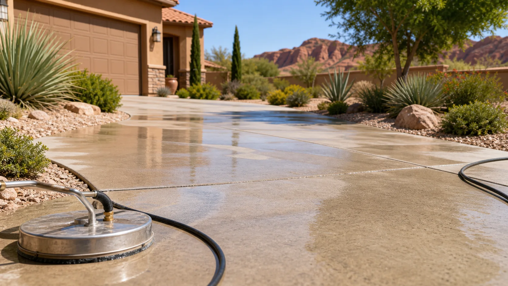 Freshly pressure washed concrete drying before sealing at a St. George home