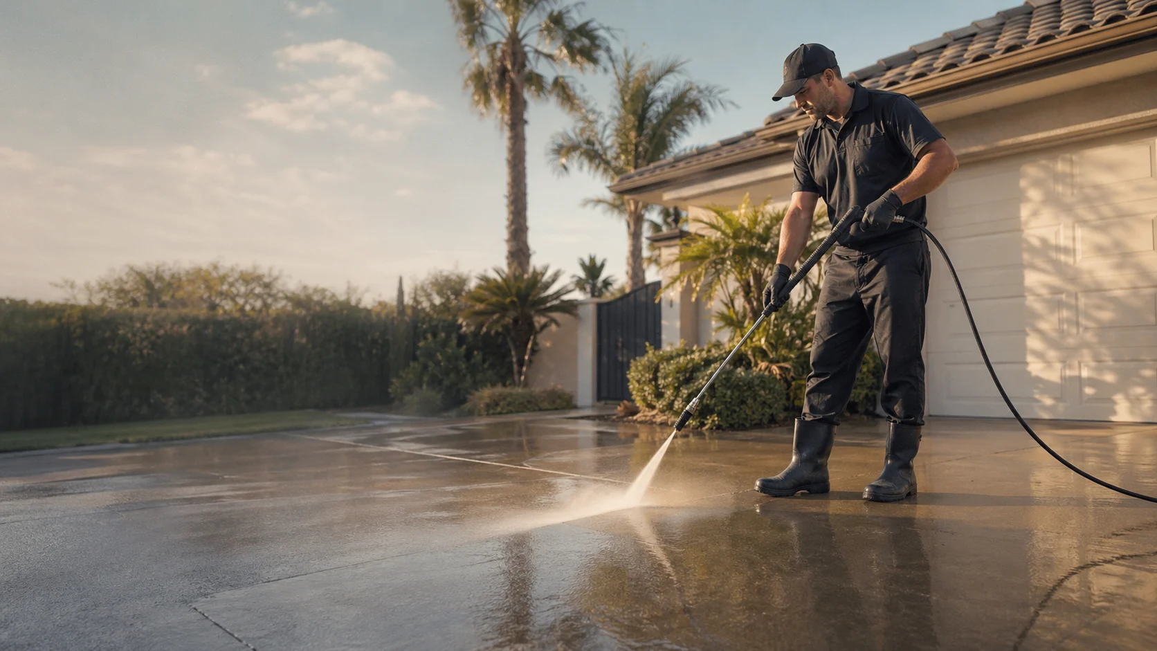 Pressure washing technician cleaning a residential driveway