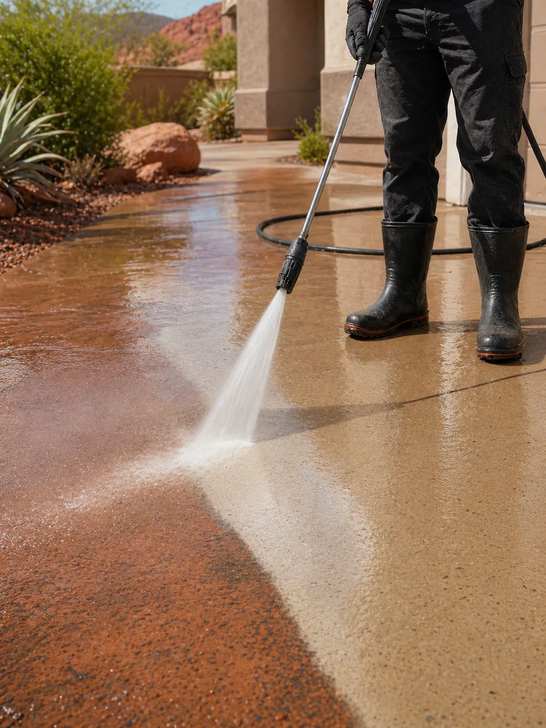 Patio pressure washing process on St. George concrete
