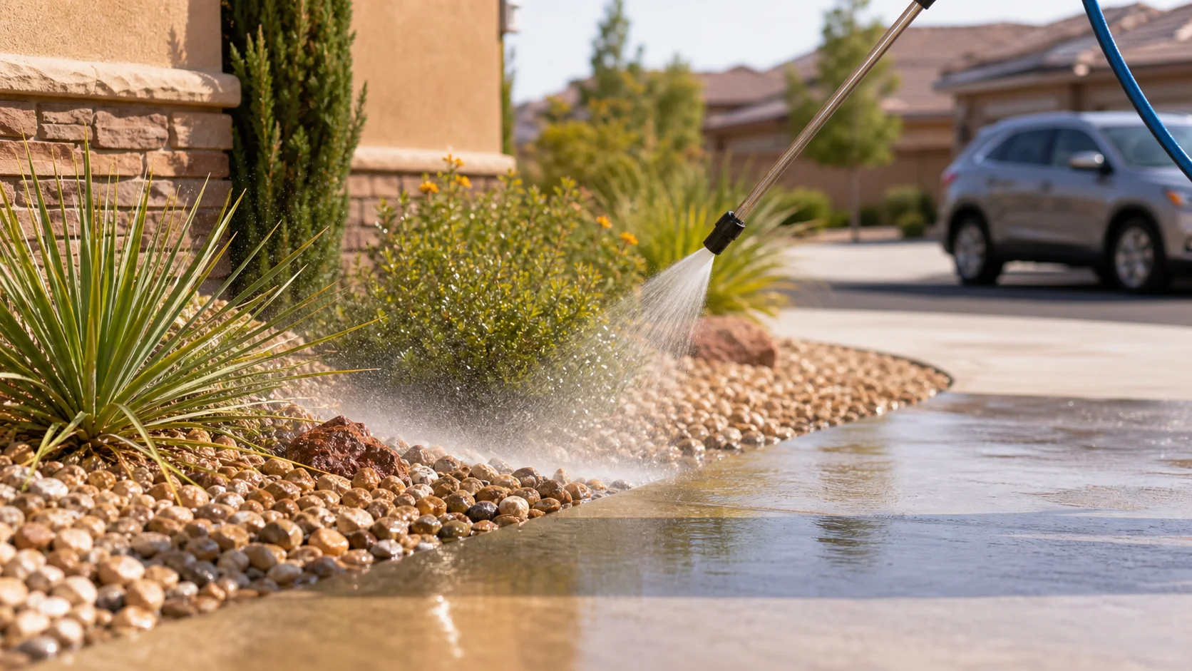 Pressure washing setup protecting St. George, Utah desert landscaping from runoff