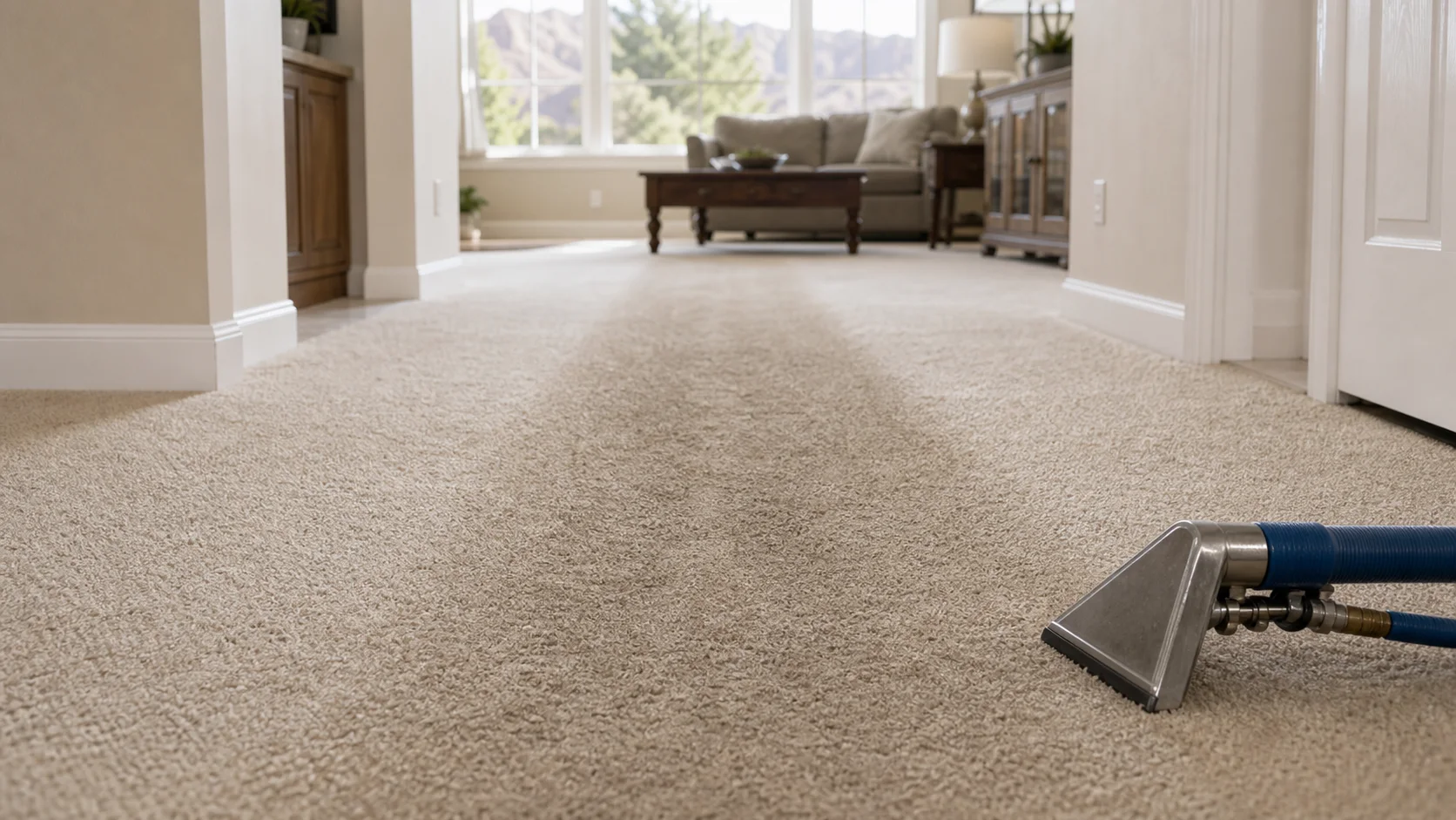 Residential bedroom carpet after routine professional cleaning