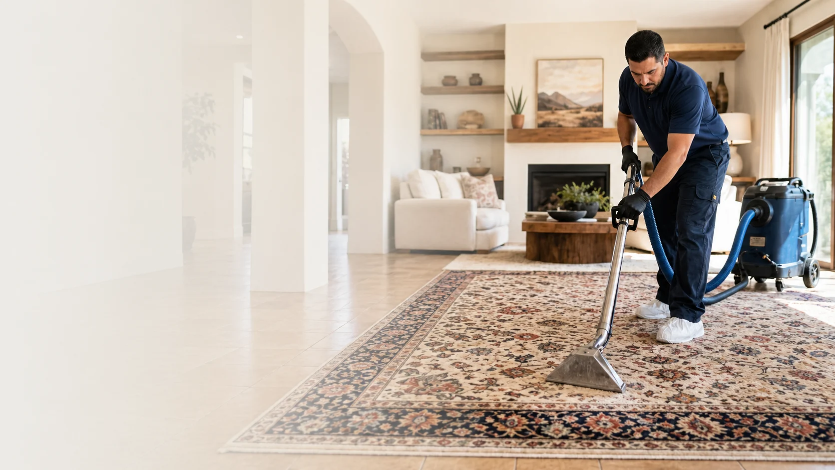 Technician cleaning a patterned area rug in a St. George home