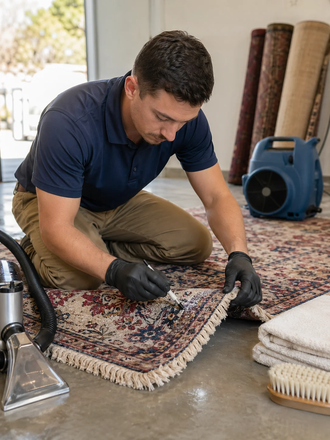 Technician inspecting and cleaning a patterned area rug