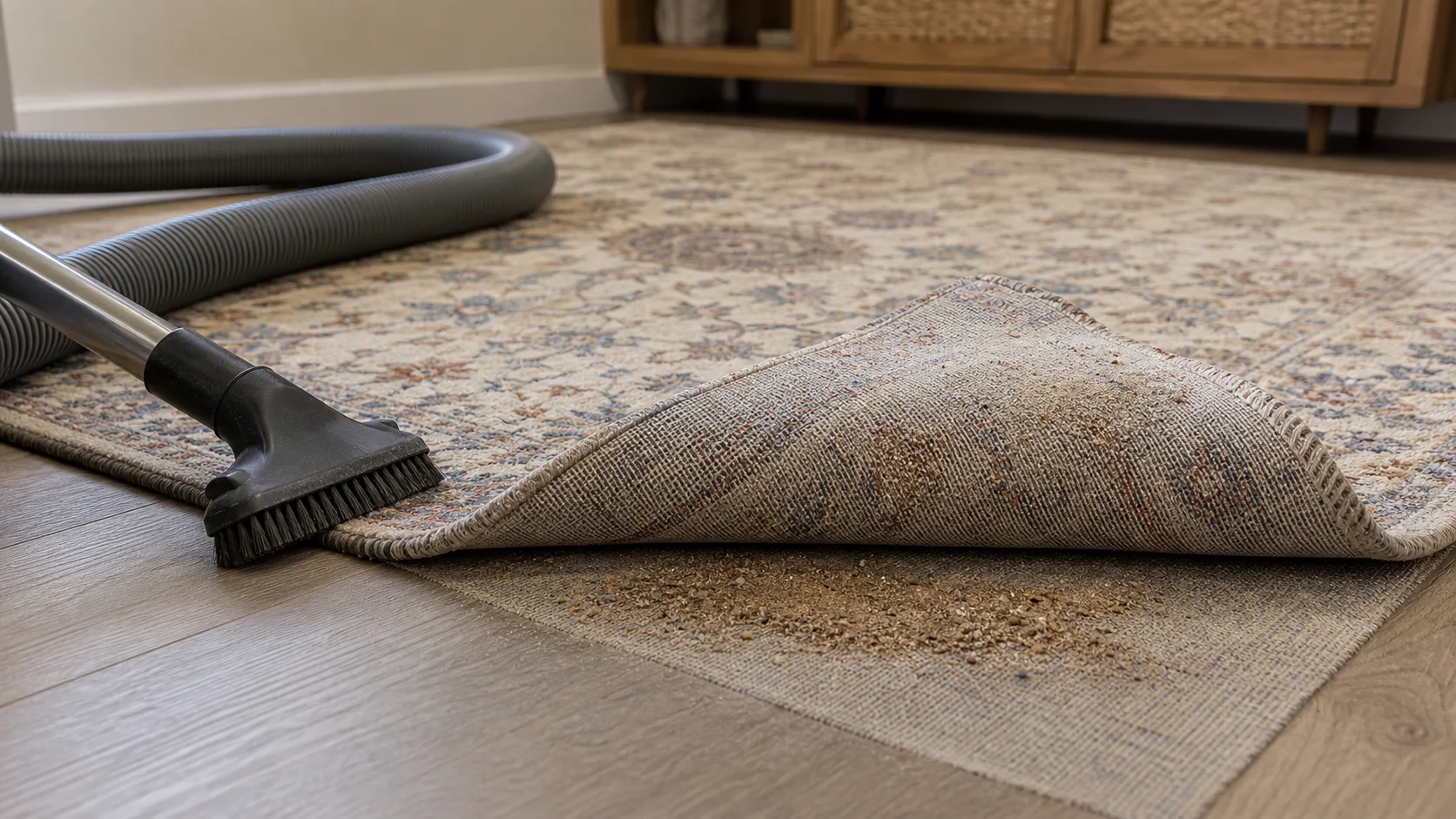 Area rug corner lifted for dry soil removal before rug cleaning in St. George, Utah