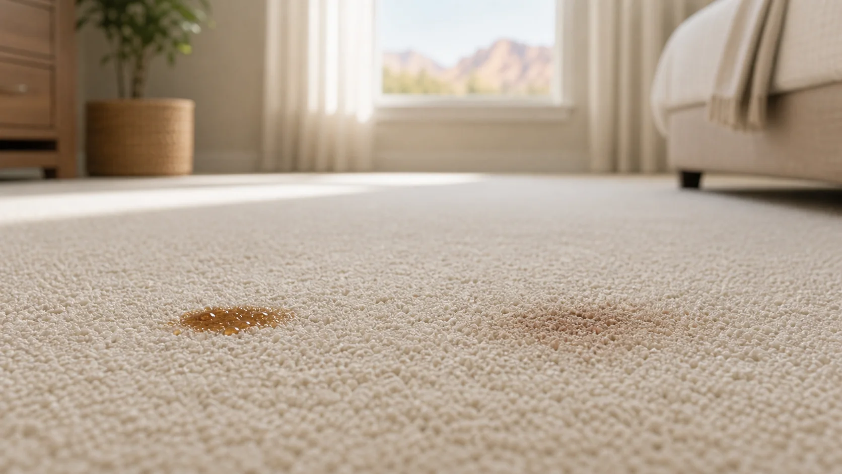 Light carpet showing a surface spot and older stain before stain removal in St. George, Utah
