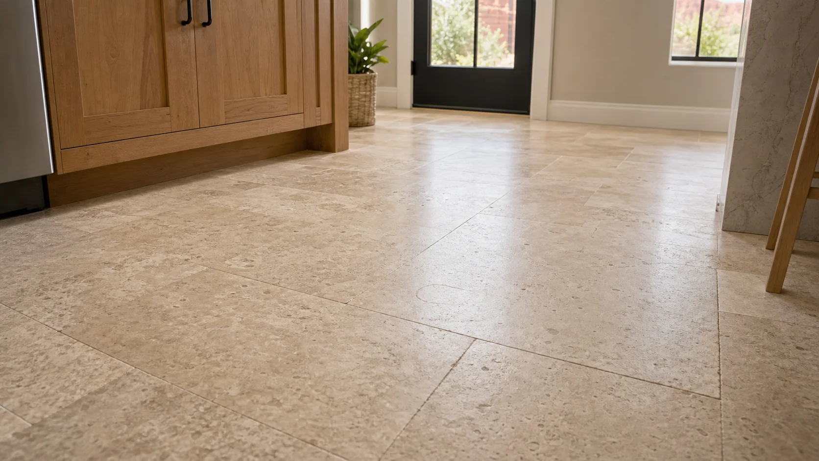 Soft matte honed stone floor surface in a St. George, Utah home