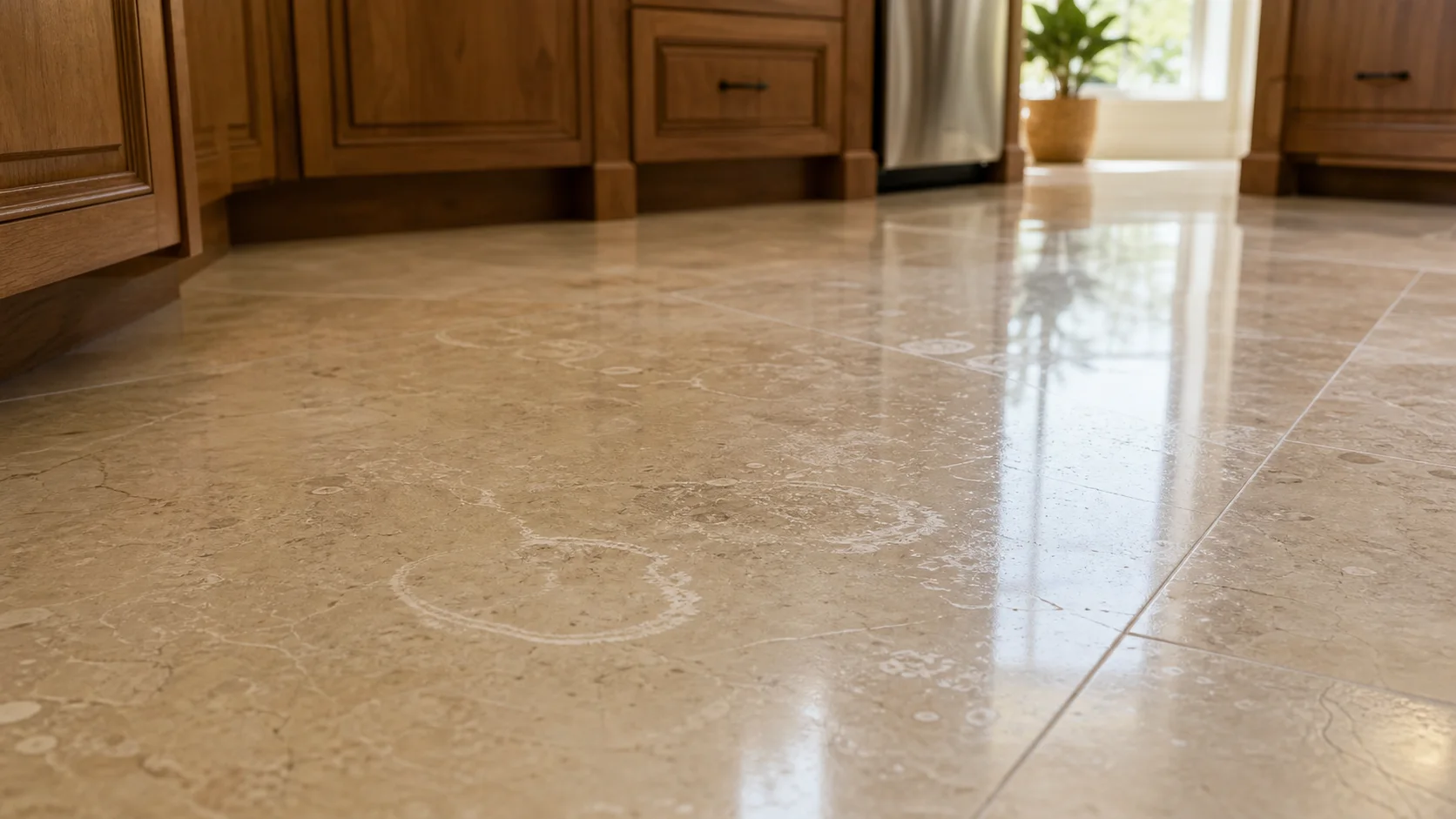 Kitchen natural stone floor with dull etched rings in a St. George, Utah home