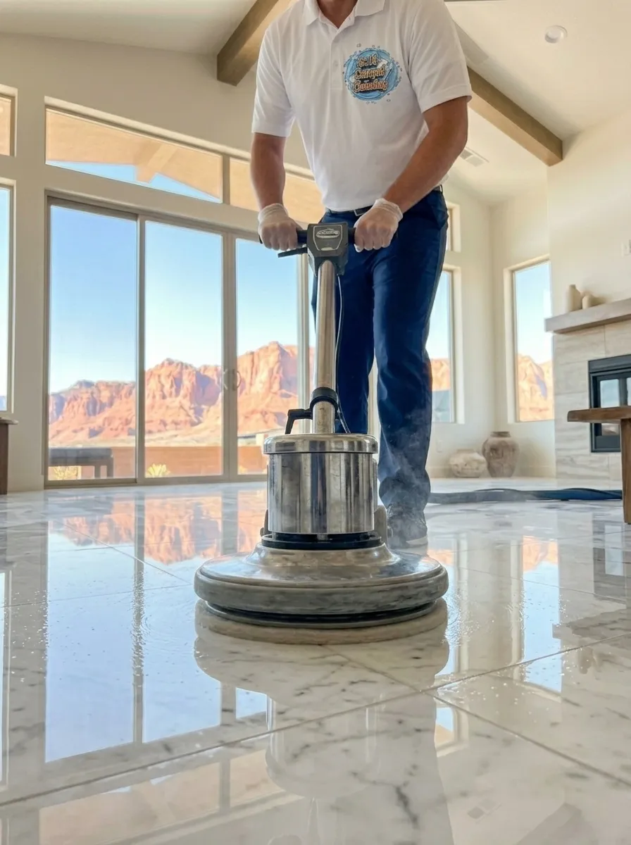 316 Carpet Cleaning technician polishing natural stone floor in a Southern Utah home