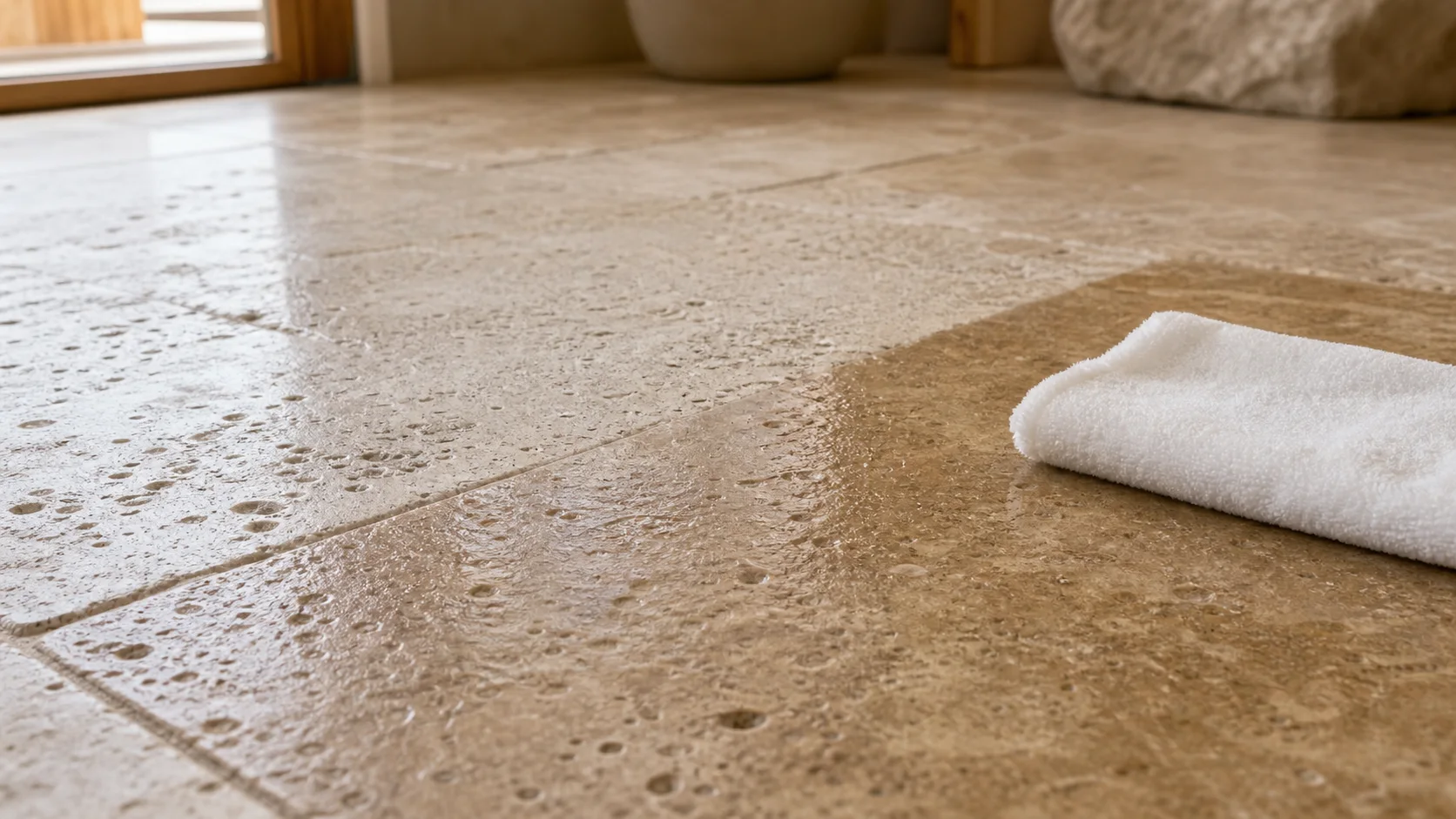 Penetrating sealer soaking into natural stone tile in St. George, Utah