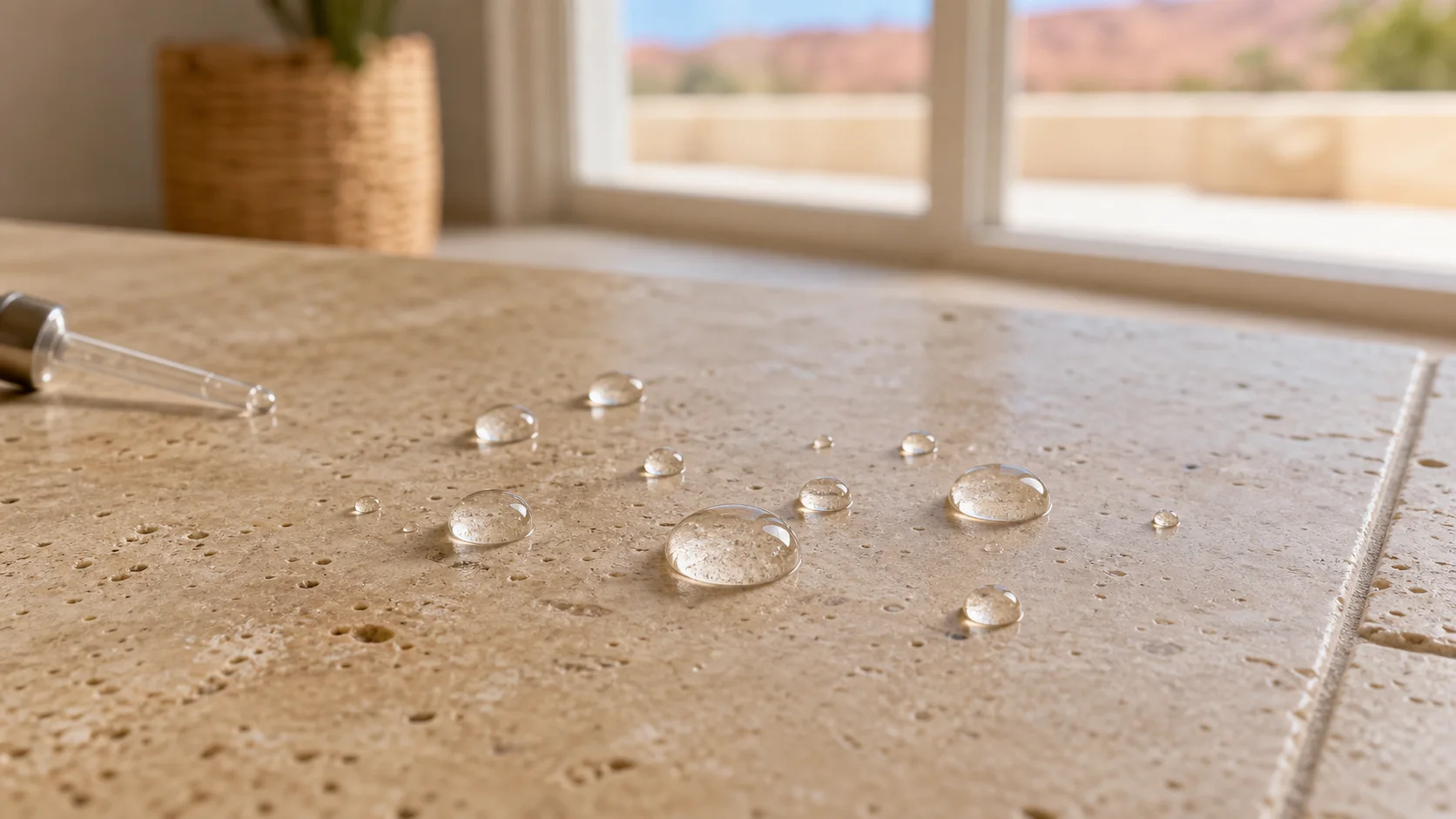 Water droplets beading on sealed natural stone tile during a St. George, Utah reseal test
