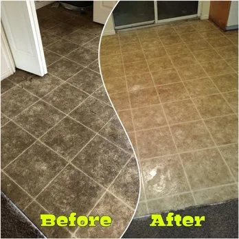 Before and after tile and grout cleaning showing dirty grout lines restored