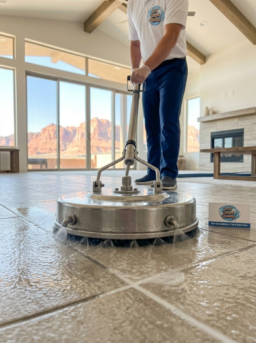 316 Carpet Cleaning technician cleaning tile and grout in a St. George kitchen