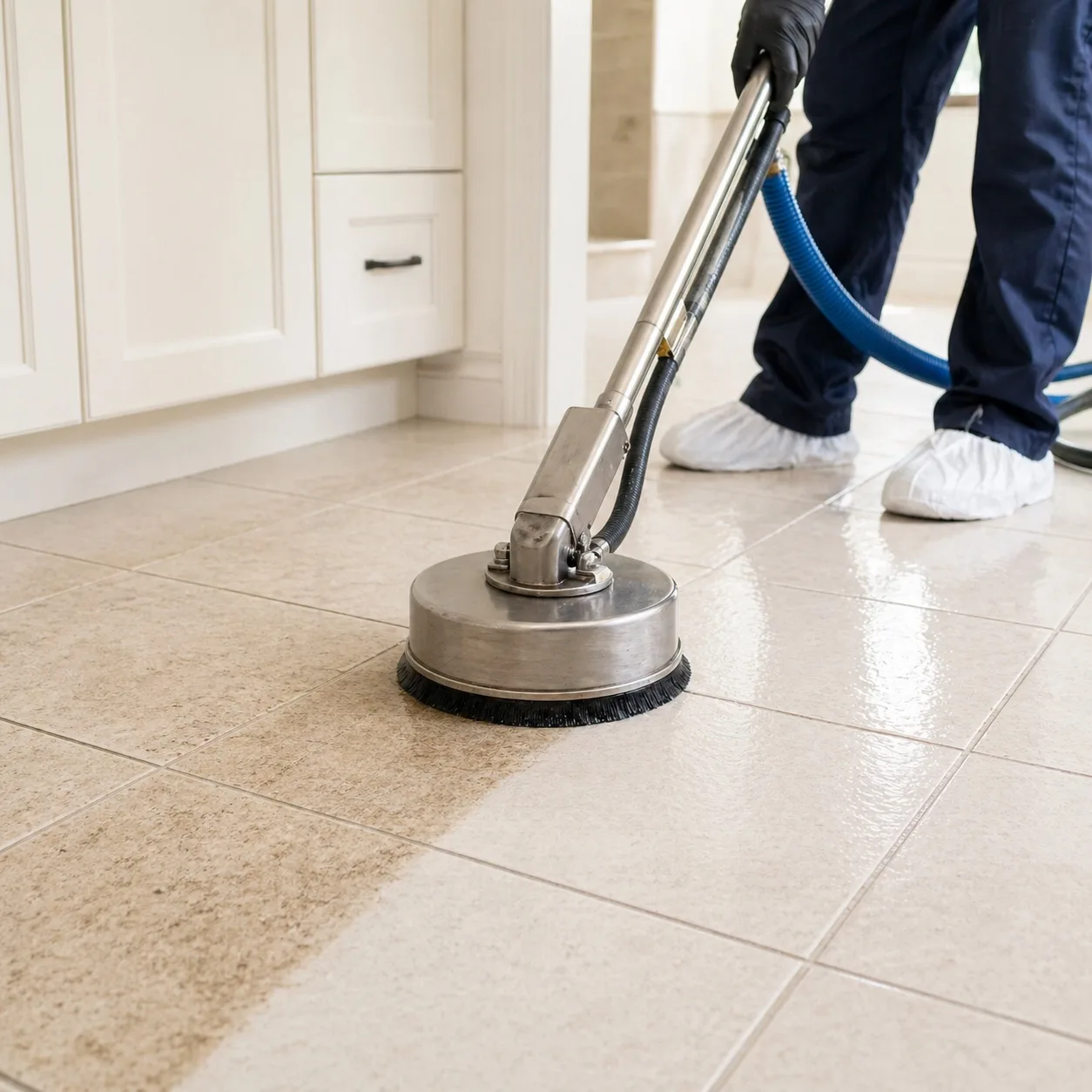 Professional tile and grout cleaning equipment cleaning a bright tile floor