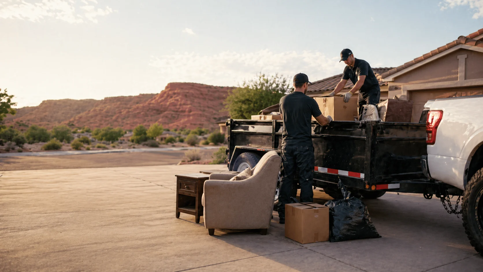 Trash removal crew loading furniture into a dump trailer in Southern Utah