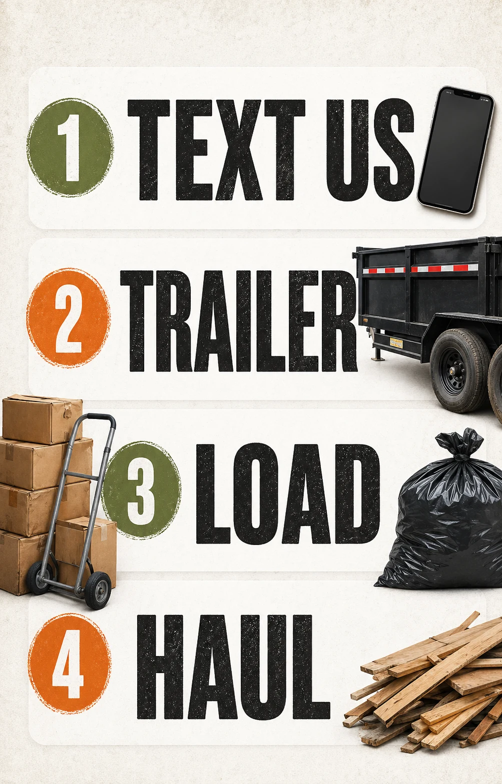 Trash removal process keywords: text us, trailer, load, haul