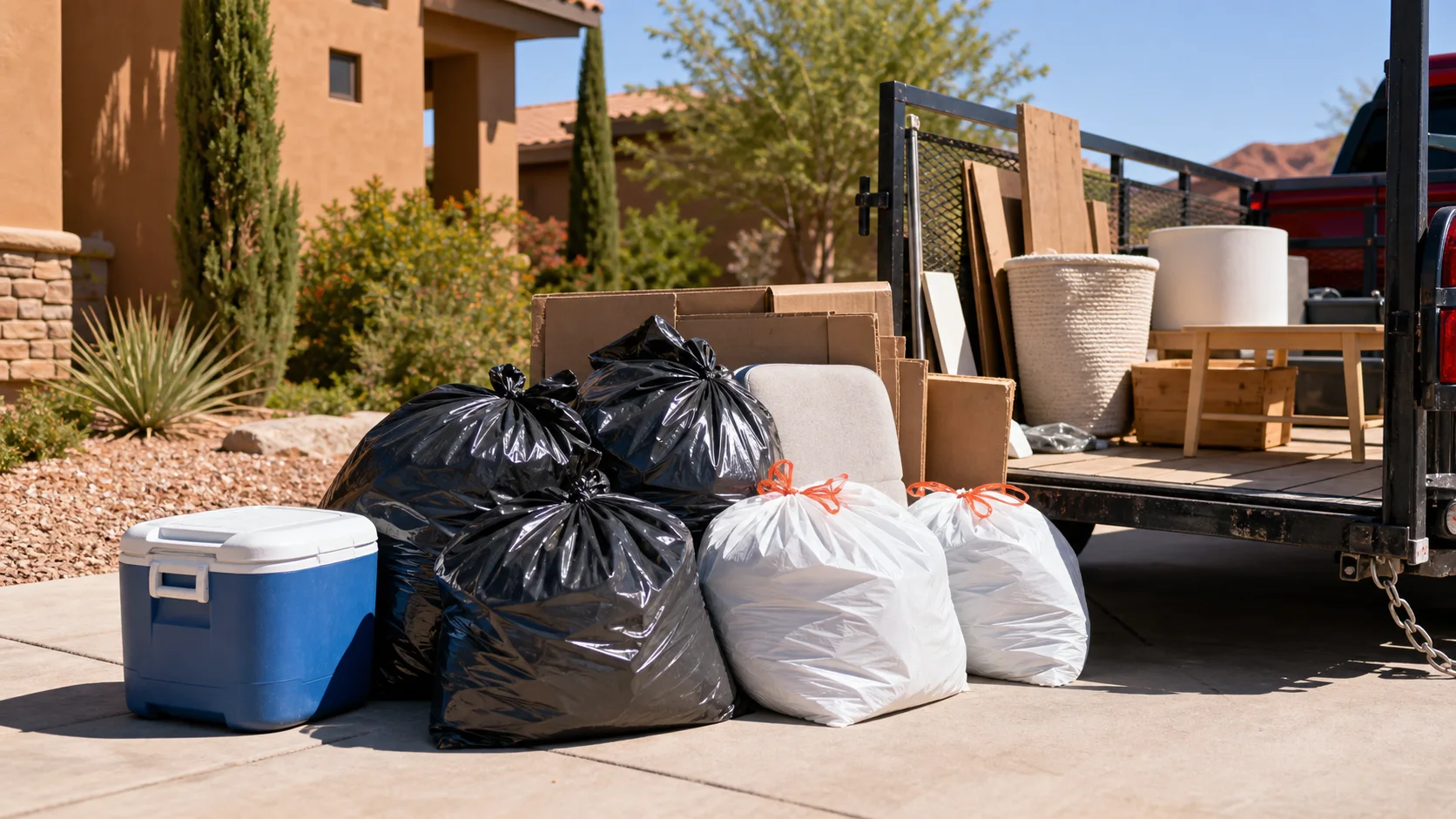 Bagged turnover trash and household items ready for pickup outside a St. George vacation rental
