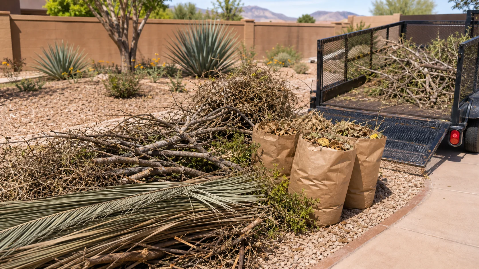 Branches, palm fronds, and yard waste staged beside a utility trailer in a Southern Utah yard