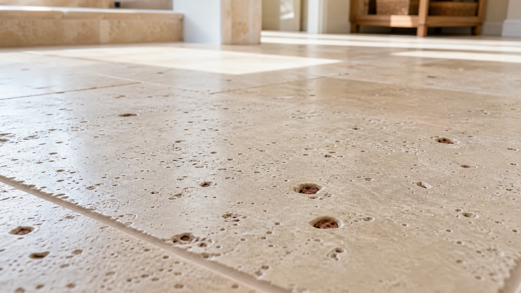 Close-up of travertine floor tile before travertine cleaning in St. George, Utah