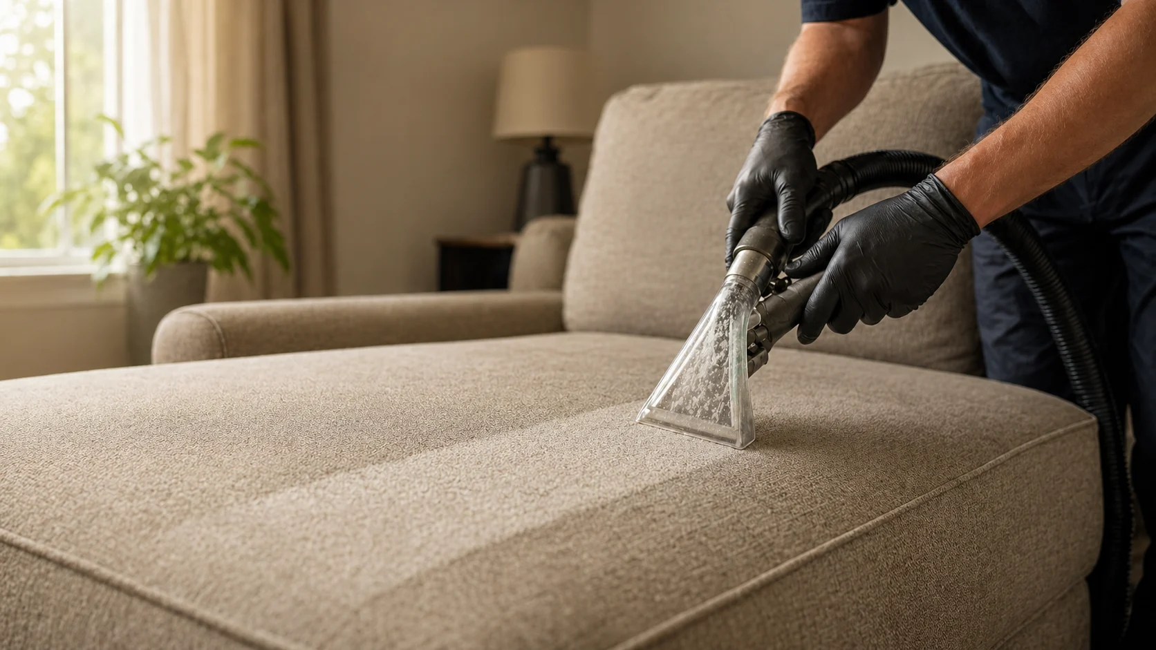 Technician cleaning a sofa cushion with an upholstery extraction tool
