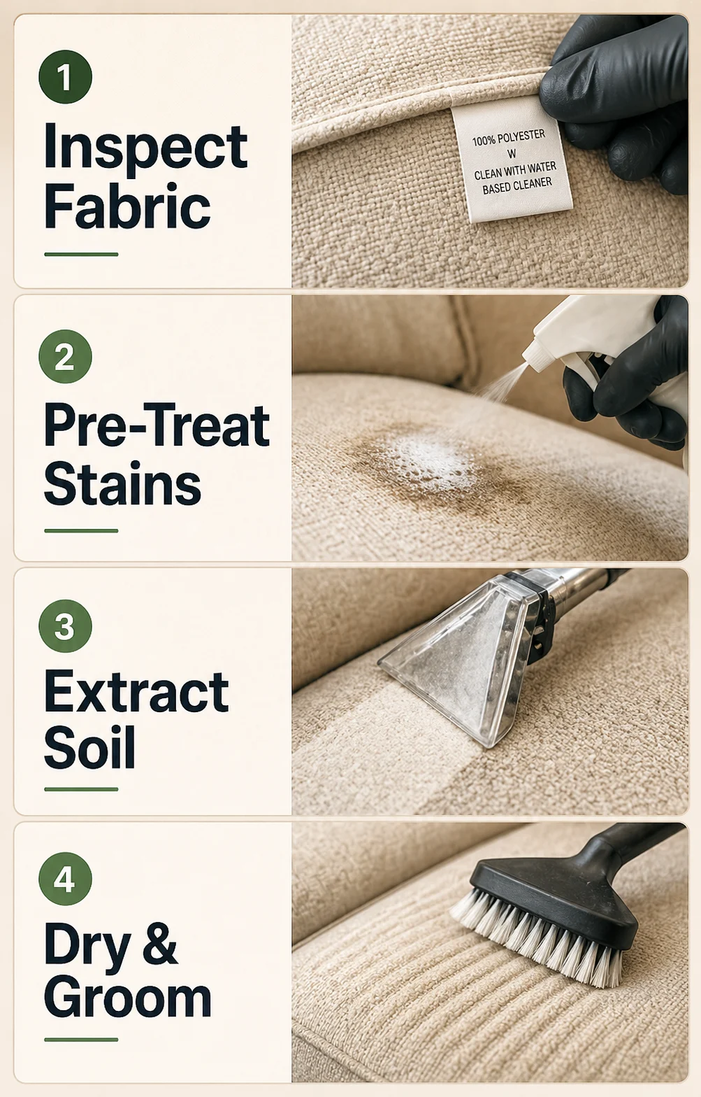 Upholstery cleaning process: inspect fabric, pre-treat stains, extract soil, dry and groom